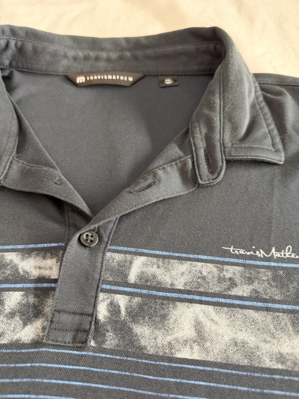 Travis Mathew Mount Thunder Grey Golf Polo with Blue Stripe Accents XXL